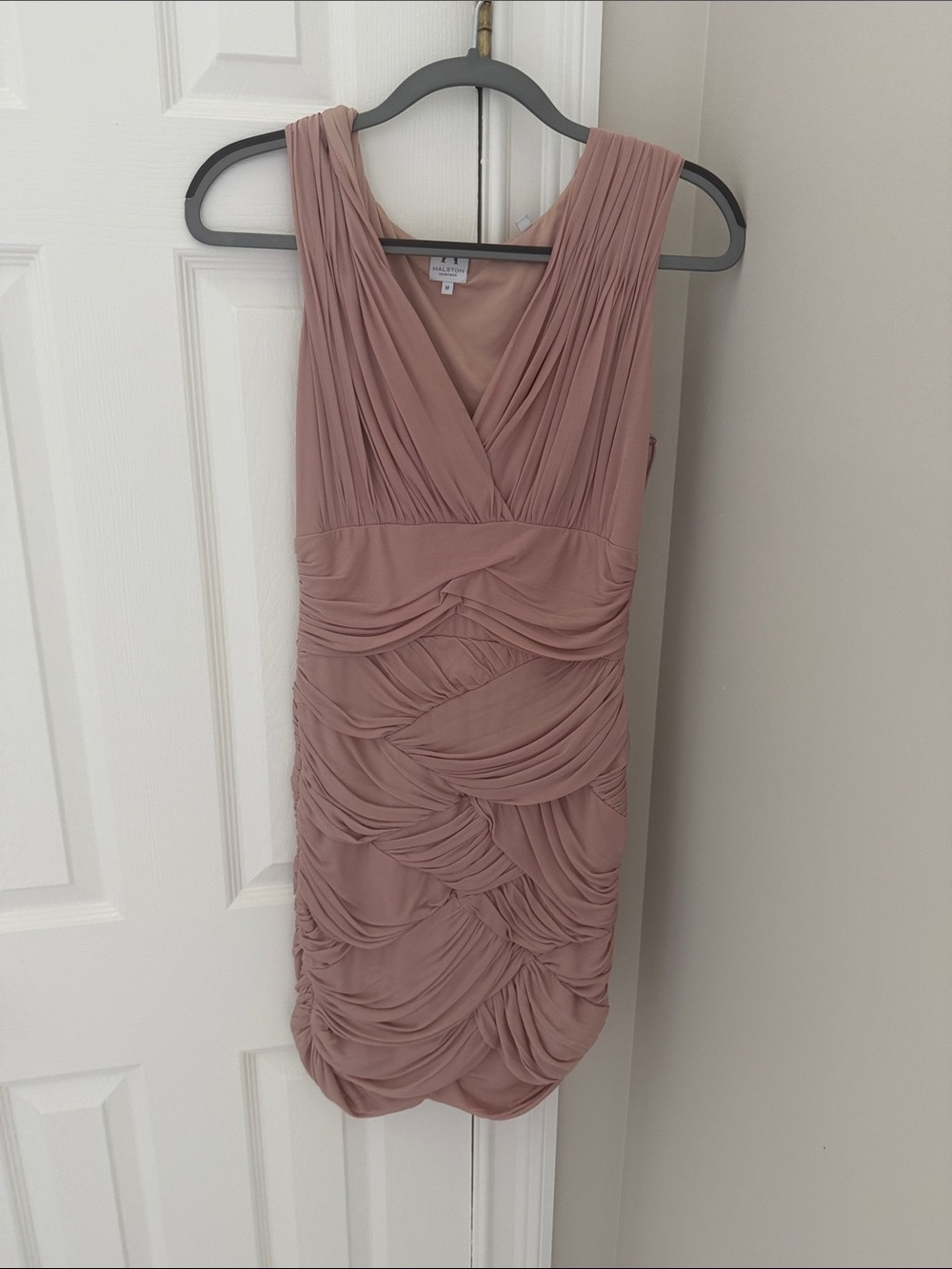 Halston Heritage Dusty Rose Ruched V-Neck Mini Dress